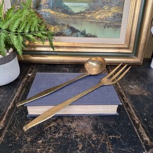 Vintage Modern Brass 13" Serving Fork & 10" Ladle Set - Made in India